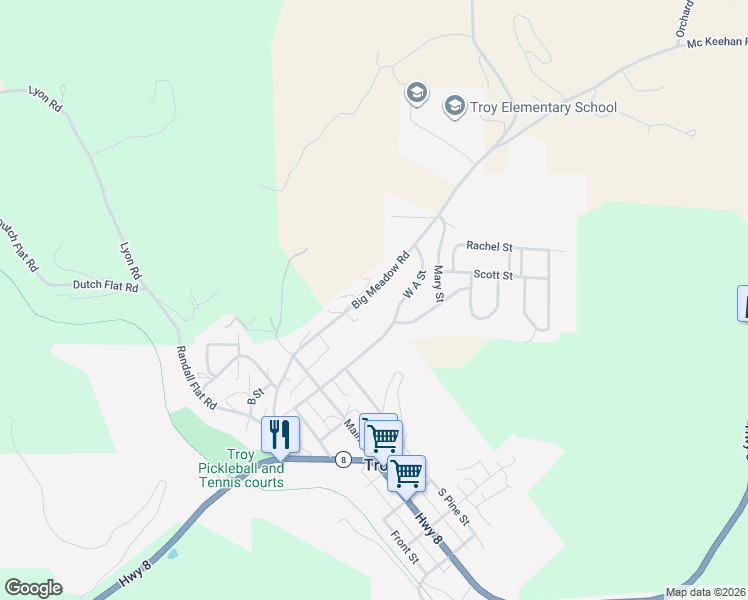 map of restaurants, bars, coffee shops, grocery stores, and more near 302-312 Big Meadow Rd in Troy