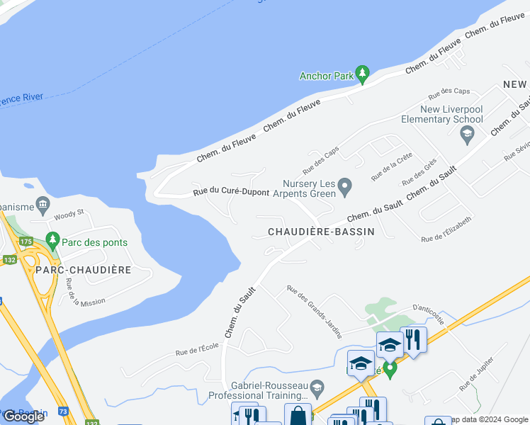 map of restaurants, bars, coffee shops, grocery stores, and more near 139 Rue du Bassin in Lévis