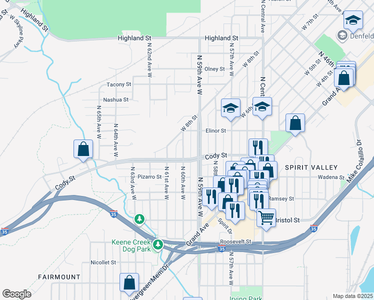 map of restaurants, bars, coffee shops, grocery stores, and more near 533 North 60th Avenue West in Duluth