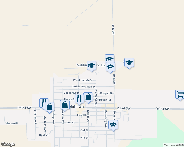 map of restaurants, bars, coffee shops, grocery stores, and more near 309 Priest Rapids Drive in Mattawa