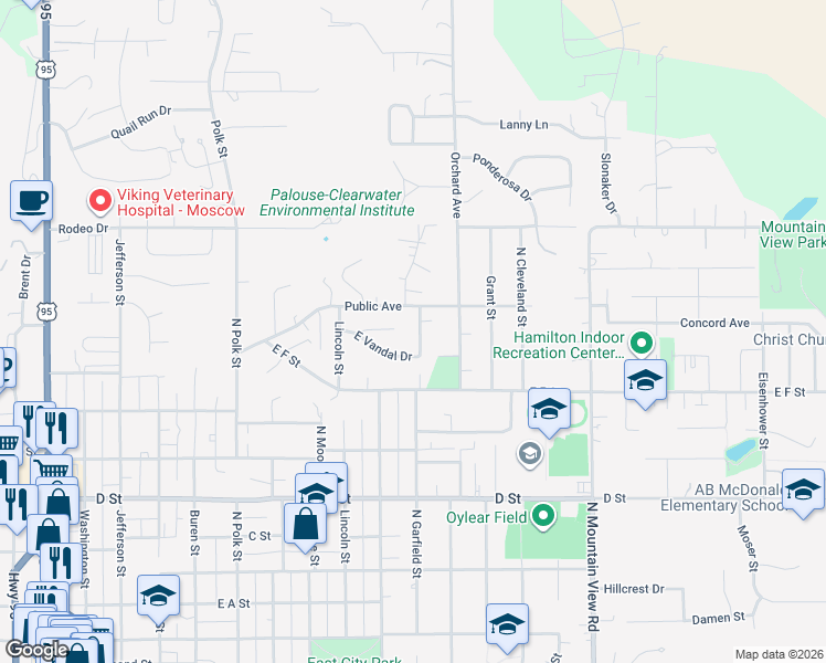 map of restaurants, bars, coffee shops, grocery stores, and more near 926 Vandal Drive in Moscow