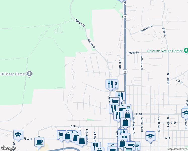 map of restaurants, bars, coffee shops, grocery stores, and more near 609 N Almon St in Moscow