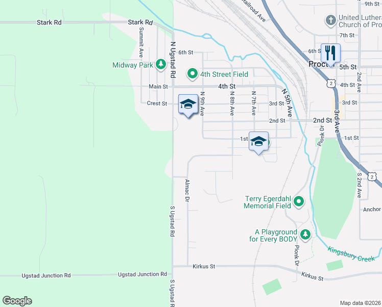 map of restaurants, bars, coffee shops, grocery stores, and more near 826 Almac Drive in Proctor
