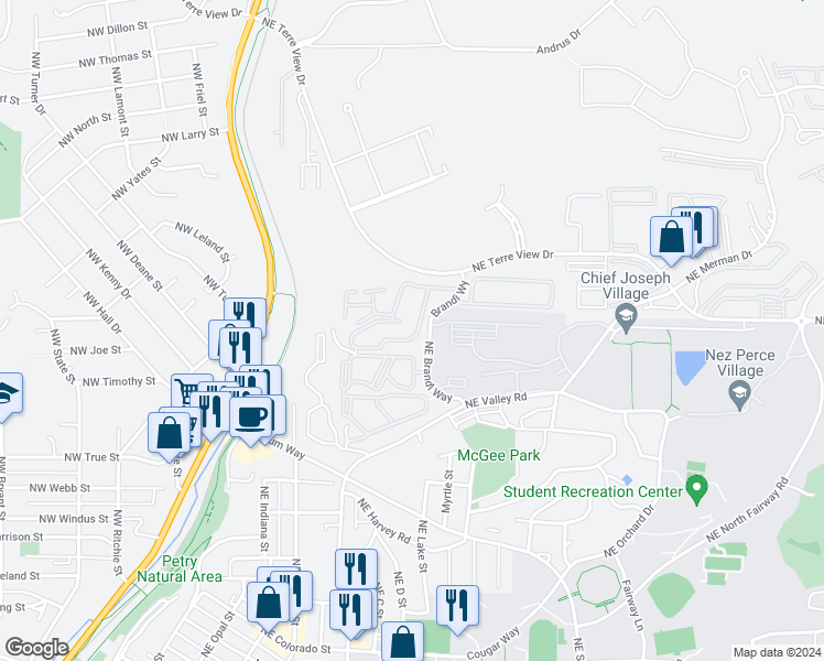 map of restaurants, bars, coffee shops, grocery stores, and more near 1455 Northeast Brandi Way in Pullman