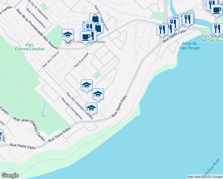 map of restaurants, bars, coffee shops, grocery stores, and more near 1695 Rue Candide Ducharme in Québec