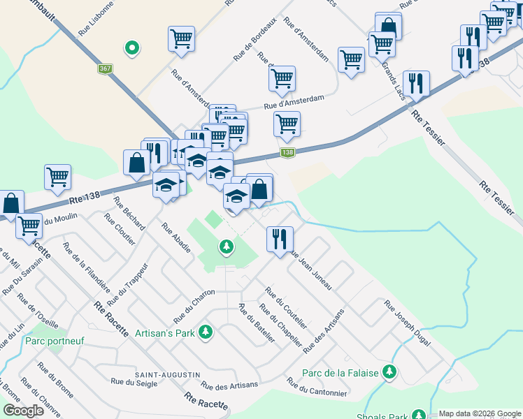 map of restaurants, bars, coffee shops, grocery stores, and more near 163 Rue Jean Juneau in Saint-Augustin-de-Desmaures