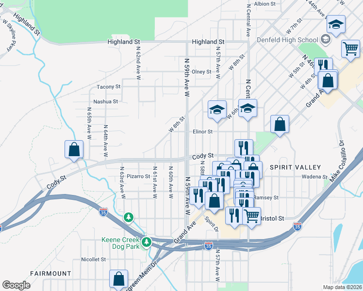 map of restaurants, bars, coffee shops, grocery stores, and more near 535 North 59th Avenue West in Duluth
