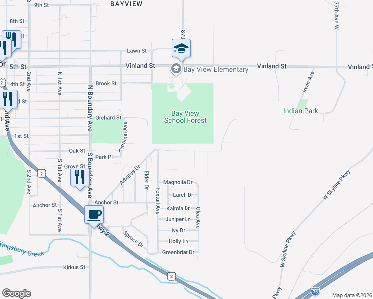 map of restaurants, bars, coffee shops, grocery stores, and more near 48 Arbutus Drive in Duluth