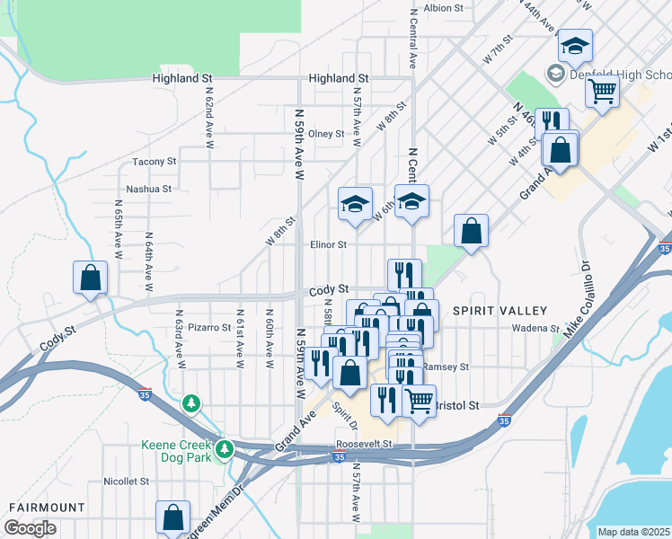 map of restaurants, bars, coffee shops, grocery stores, and more near in Duluth