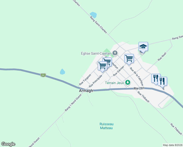 map of restaurants, bars, coffee shops, grocery stores, and more near Rue Turgeon in Armagh