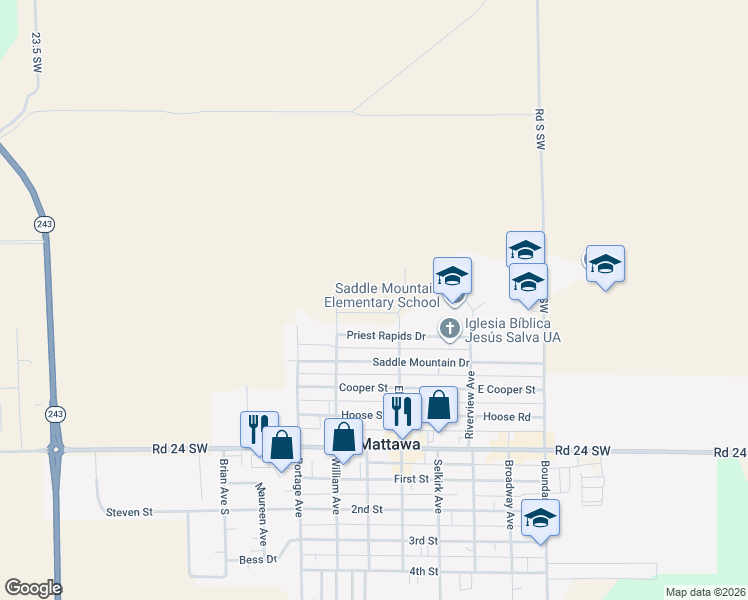 map of restaurants, bars, coffee shops, grocery stores, and more near 203 Priest Rapids Drive in Mattawa