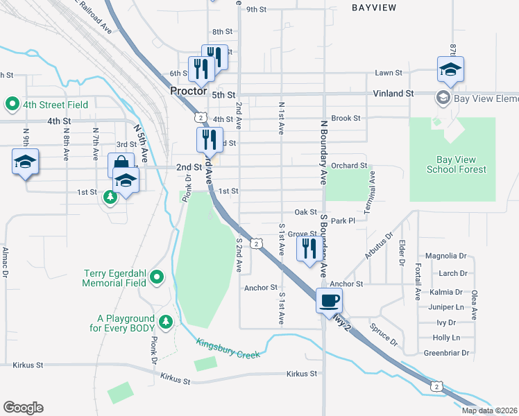 map of restaurants, bars, coffee shops, grocery stores, and more near 125 Grove Street in Proctor