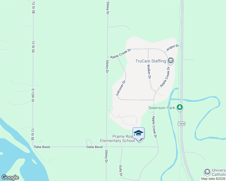 map of restaurants, bars, coffee shops, grocery stores, and more near Falconer Drive in Bismarck