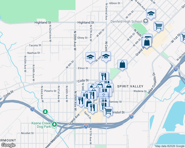 map of restaurants, bars, coffee shops, grocery stores, and more near 620 North 57th Avenue West in Duluth