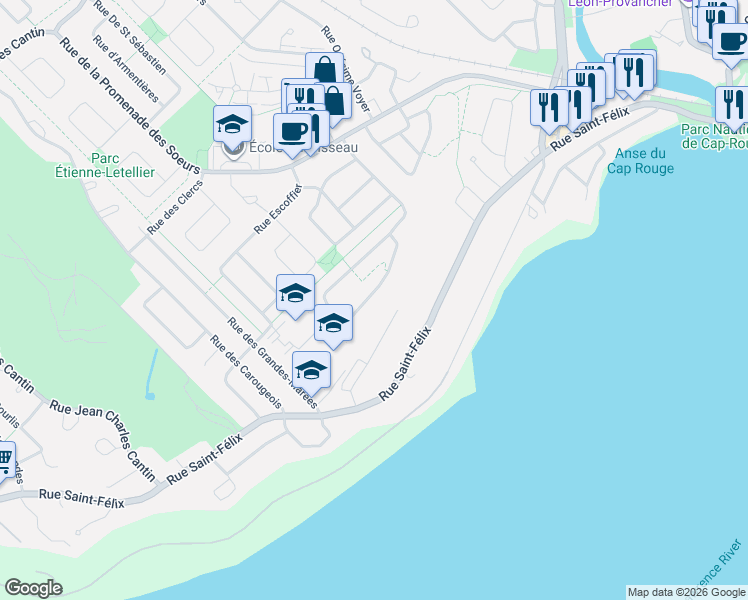 map of restaurants, bars, coffee shops, grocery stores, and more near 1695 Rue Candide Ducharme in Québec