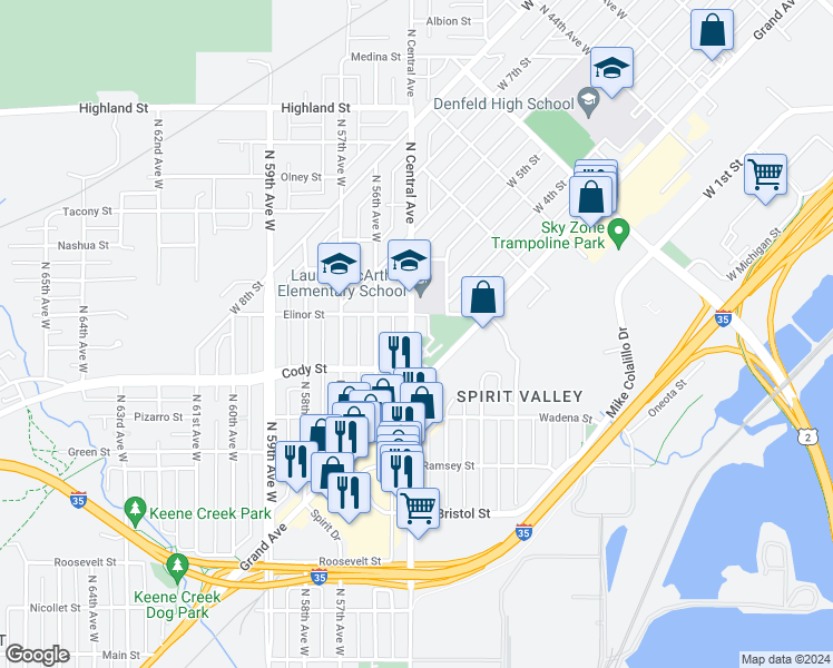 map of restaurants, bars, coffee shops, grocery stores, and more near 622 North Central Avenue in Duluth