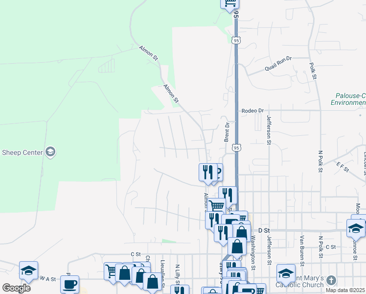 map of restaurants, bars, coffee shops, grocery stores, and more near 609 North Almon Street in Moscow