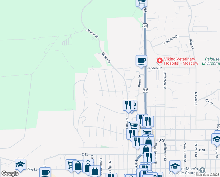 map of restaurants, bars, coffee shops, grocery stores, and more near 609 North Almon Street in Moscow