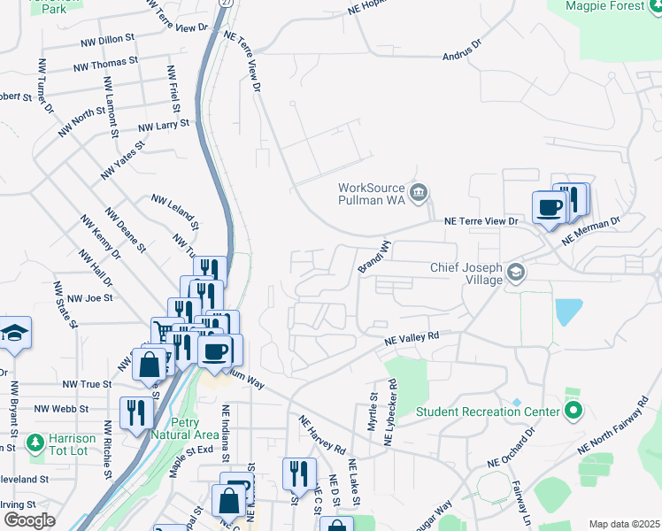 map of restaurants, bars, coffee shops, grocery stores, and more near 1455 Northeast Brandi Way in Pullman
