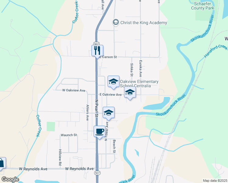 map of restaurants, bars, coffee shops, grocery stores, and more near 201 East Oakview Avenue in Centralia