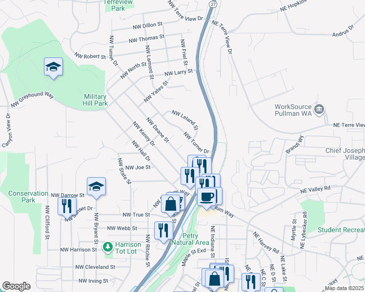 map of restaurants, bars, coffee shops, grocery stores, and more near 210 Northwest Tingley Street in Pullman