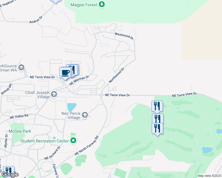 map of restaurants, bars, coffee shops, grocery stores, and more near 1590 Northwood Drive in Pullman