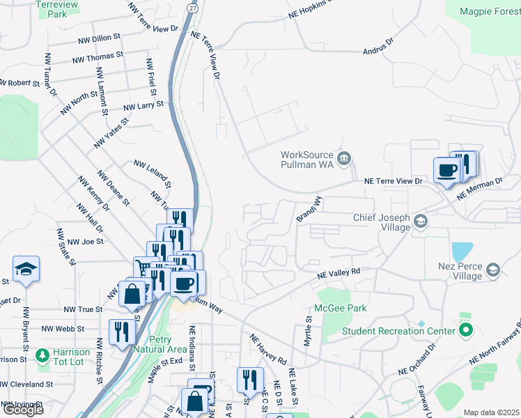 map of restaurants, bars, coffee shops, grocery stores, and more near 1455 Northeast Brandi Way in Pullman