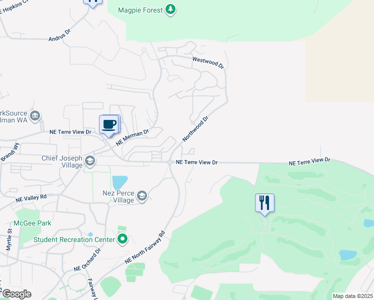 map of restaurants, bars, coffee shops, grocery stores, and more near 1590 Northwood Drive in Pullman