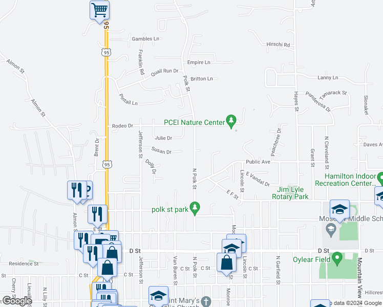 map of restaurants, bars, coffee shops, grocery stores, and more near 955 North Polk Street in Moscow