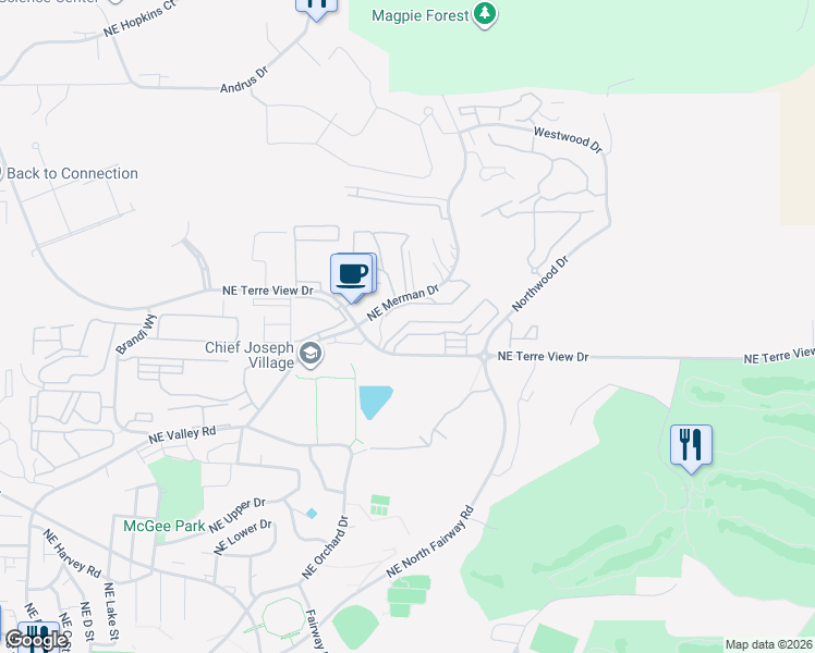 map of restaurants, bars, coffee shops, grocery stores, and more near 2024 Northeast Terre View Drive in Pullman