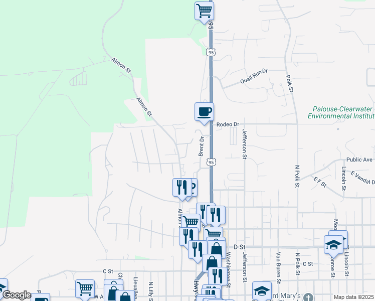 map of restaurants, bars, coffee shops, grocery stores, and more near 753 Brent Drive in Moscow