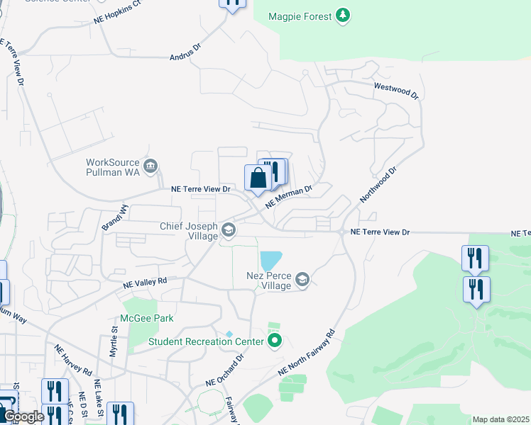 map of restaurants, bars, coffee shops, grocery stores, and more near 2005 Northeast Terre View Drive in Pullman