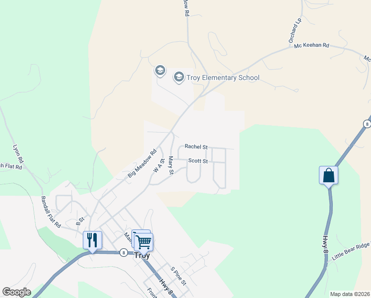 map of restaurants, bars, coffee shops, grocery stores, and more near 706 Rachel Street in Troy