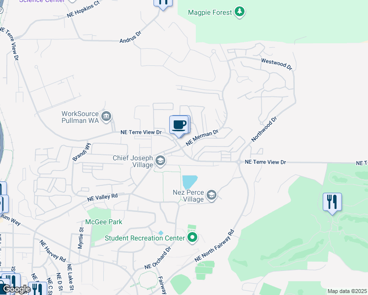 map of restaurants, bars, coffee shops, grocery stores, and more near 2005 Northeast Terre View Drive in Pullman