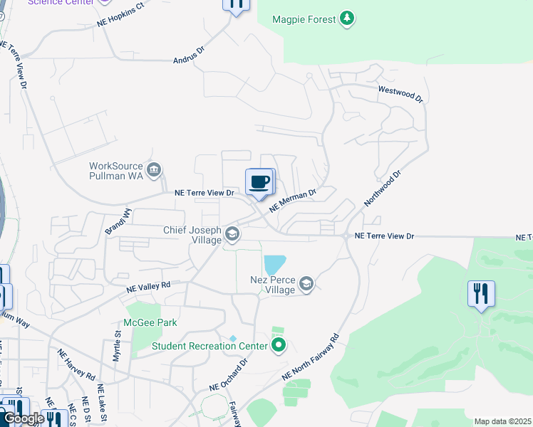 map of restaurants, bars, coffee shops, grocery stores, and more near 2005 Northeast Terre View Drive in Pullman
