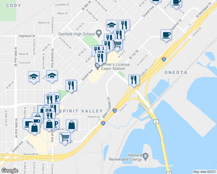 map of restaurants, bars, coffee shops, grocery stores, and more near 4628 Mike Colalillo Drive in Duluth