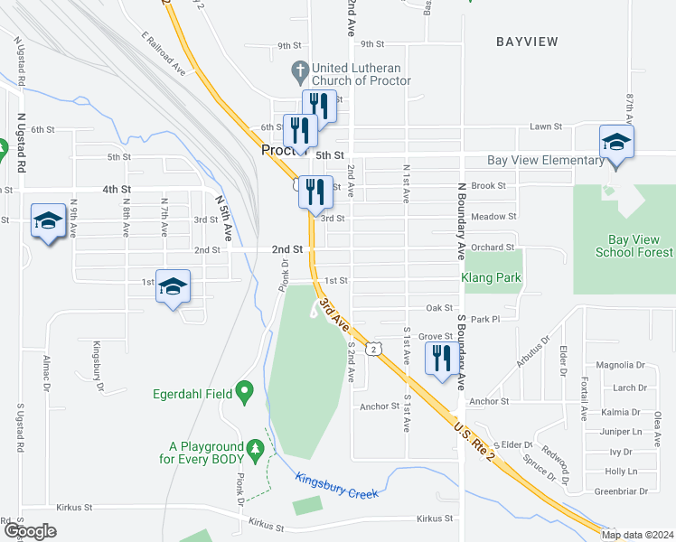 map of restaurants, bars, coffee shops, grocery stores, and more near 209 1st St in Proctor
