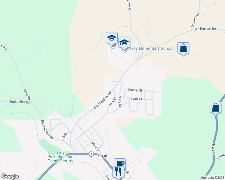 map of restaurants, bars, coffee shops, grocery stores, and more near 312 Big Meadow Rd in Troy