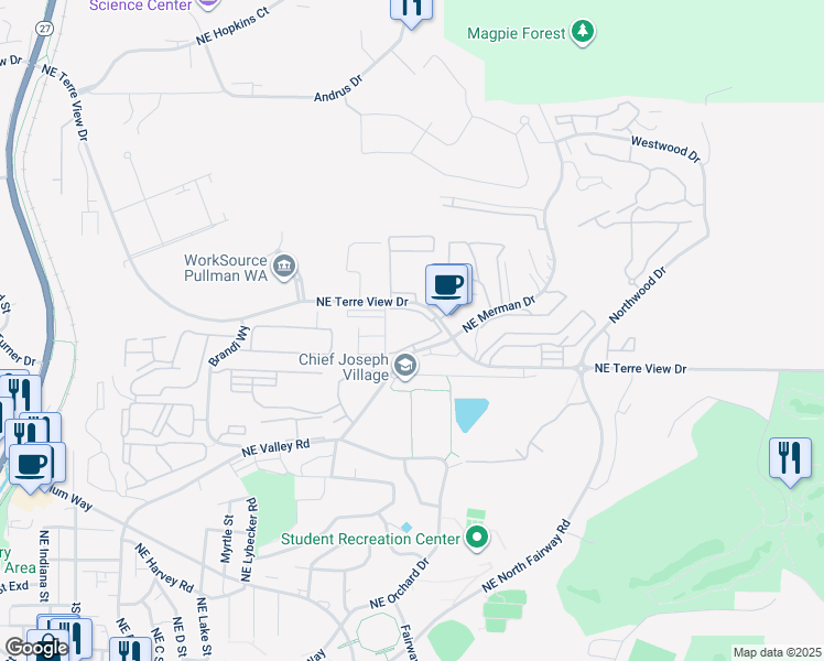 map of restaurants, bars, coffee shops, grocery stores, and more near 1405 Northeast Merman Drive in Pullman