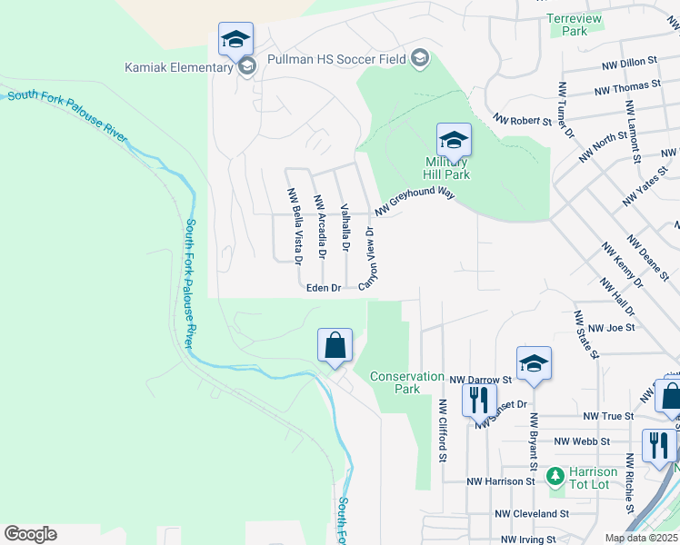 map of restaurants, bars, coffee shops, grocery stores, and more near 1525 Valhalla Drive in Pullman