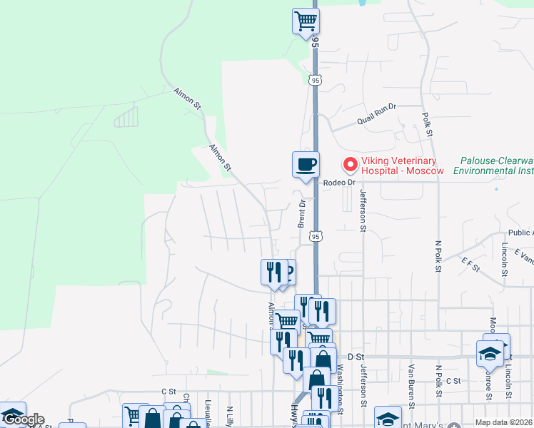 map of restaurants, bars, coffee shops, grocery stores, and more near 901 N Almon St in Moscow