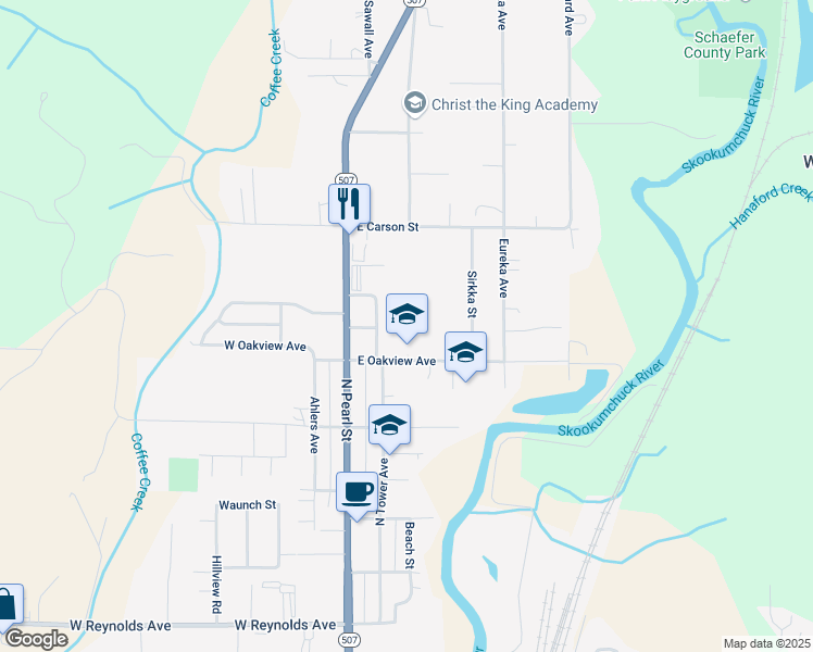 map of restaurants, bars, coffee shops, grocery stores, and more near 201 East Oakview Avenue in Centralia