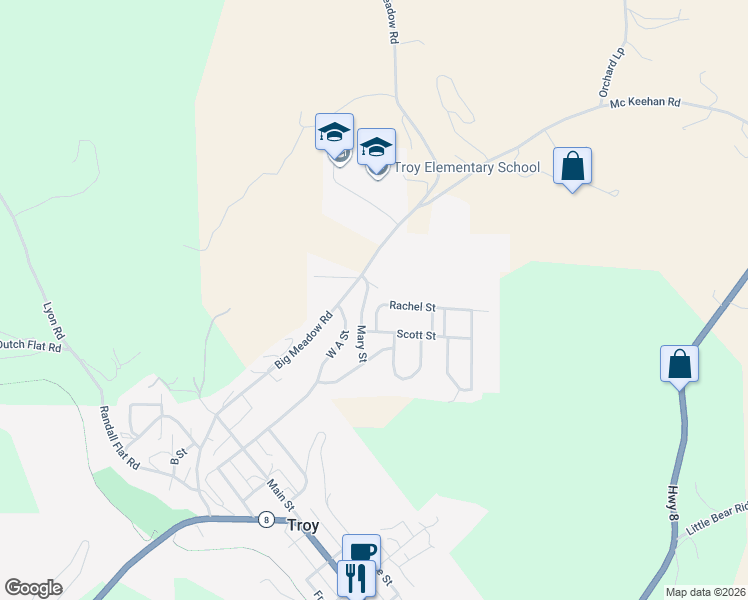 map of restaurants, bars, coffee shops, grocery stores, and more near 706 Rachel Street in Troy