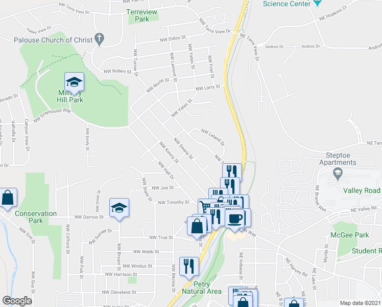 map of restaurants, bars, coffee shops, grocery stores, and more near 1460 Northwest Deane Street in Pullman