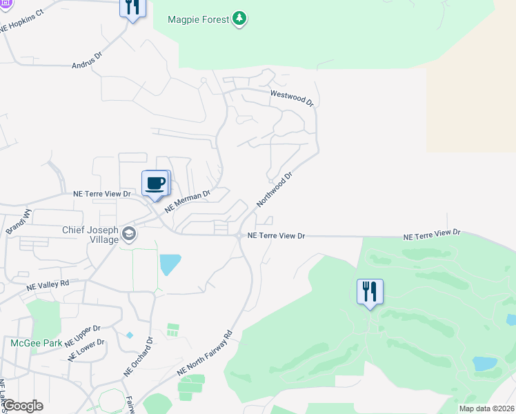 map of restaurants, bars, coffee shops, grocery stores, and more near 1590 Northwood Drive in Pullman