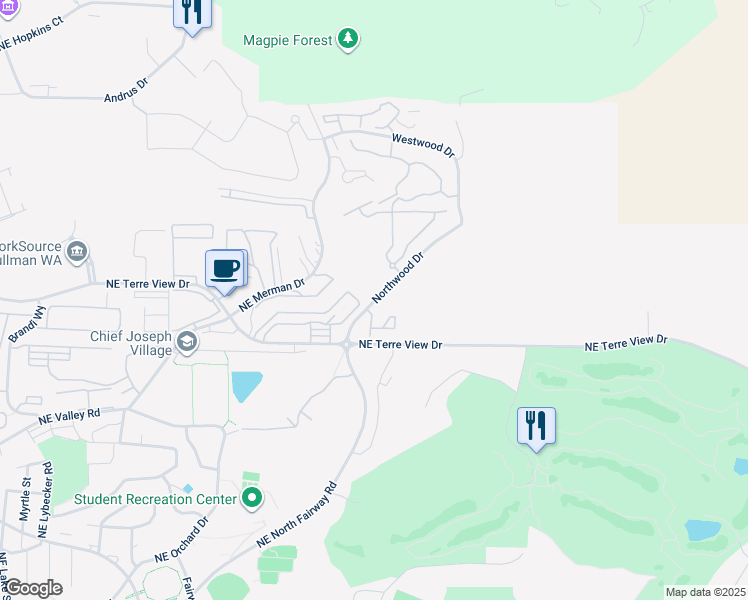 map of restaurants, bars, coffee shops, grocery stores, and more near 1590 Northwood Drive in Pullman
