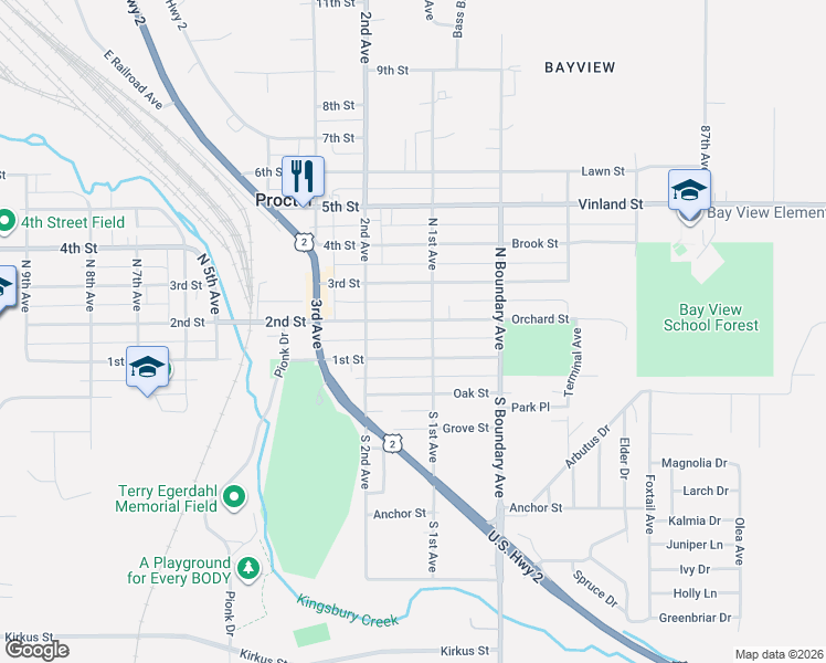 map of restaurants, bars, coffee shops, grocery stores, and more near 101 1st Street in Proctor