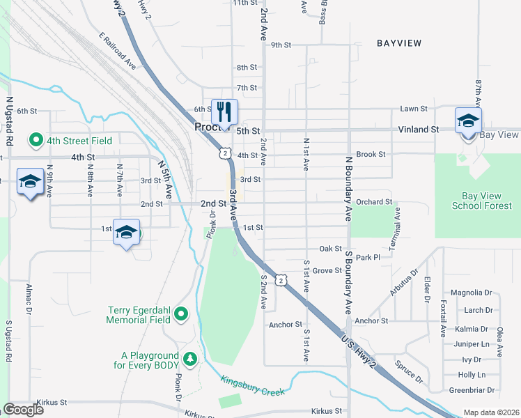 map of restaurants, bars, coffee shops, grocery stores, and more near 200 2nd Street in Proctor