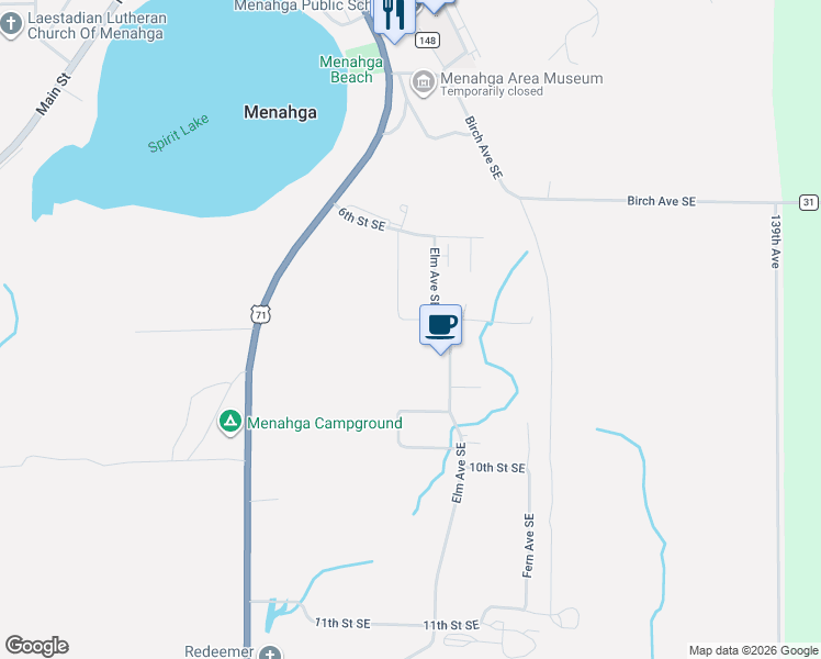 map of restaurants, bars, coffee shops, grocery stores, and more near 114 7th Street Southeast in Menahga