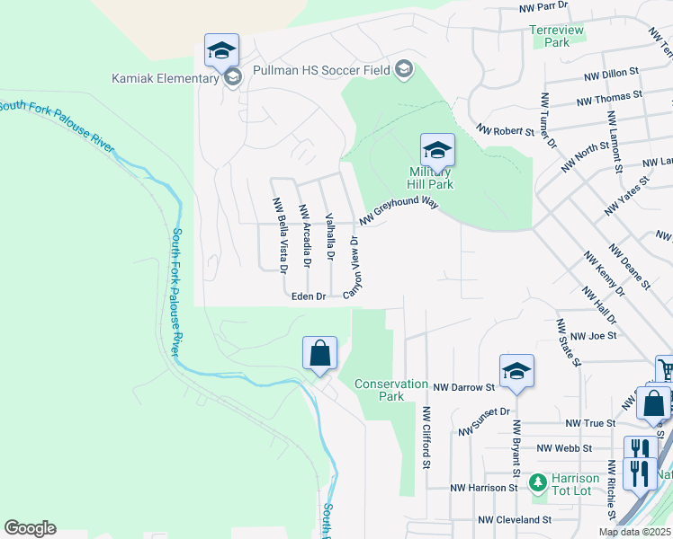 map of restaurants, bars, coffee shops, grocery stores, and more near 1525 Valhalla Drive in Pullman